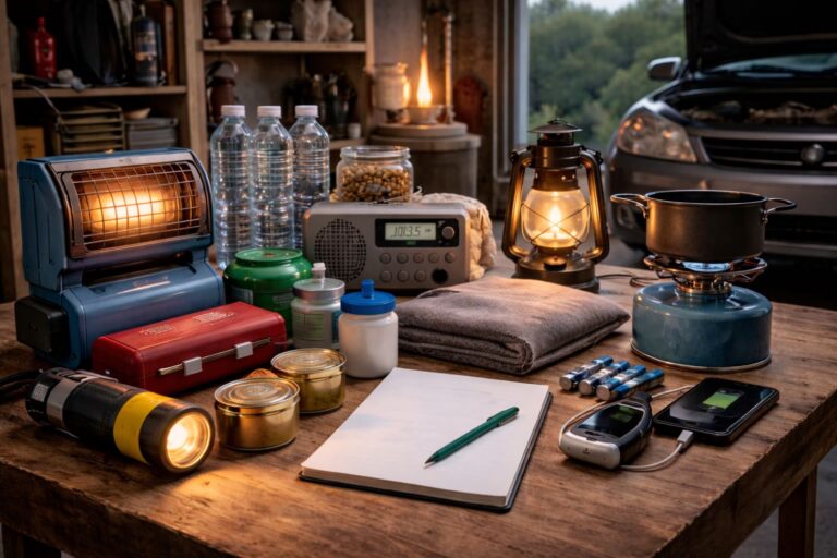 Hemberedskap i villa vid elavbrott med alternativ uppvärmning, vatten, mat, radio och laddning i garage