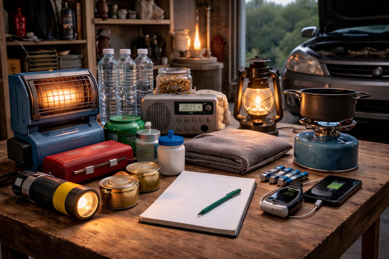 Hemberedskap i villa vid elavbrott med alternativ uppvärmning, vatten, mat, radio och laddning i garage