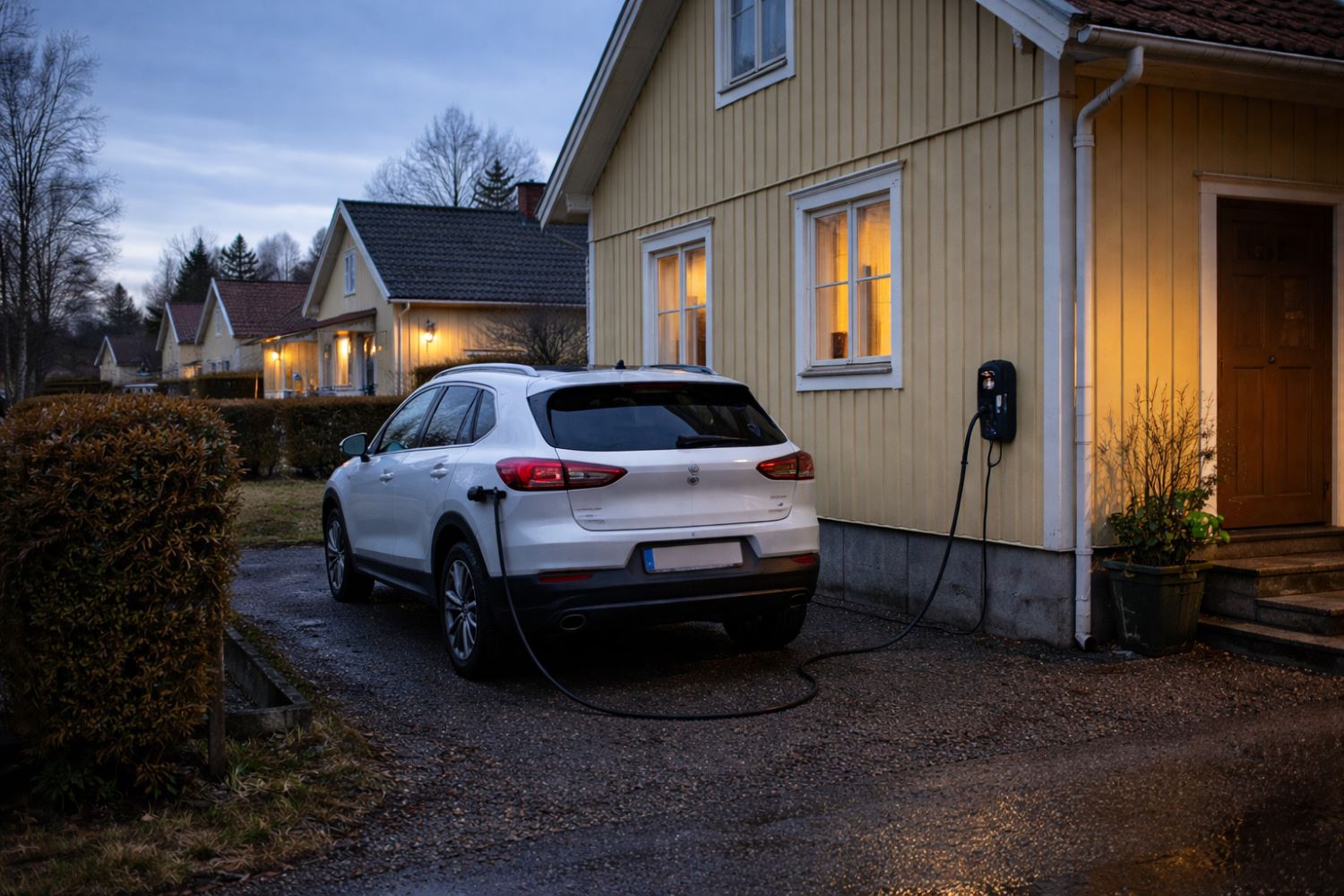 Laddning av elbil utanför villa