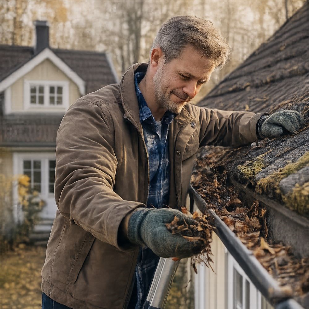 Man som rensar hängrännor
