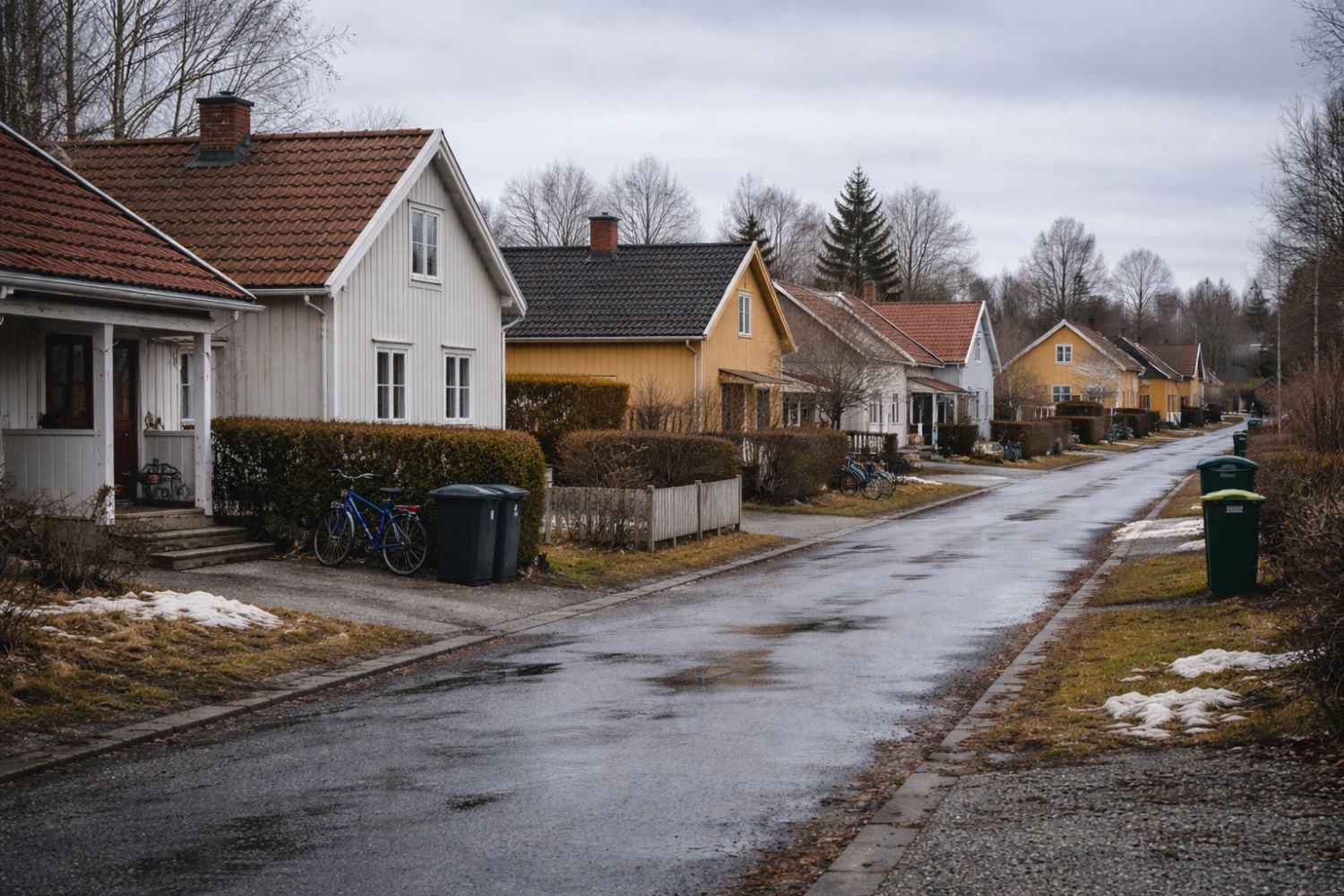 Villakvarter med regning gata
