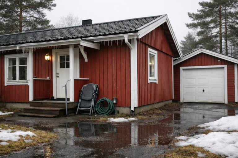 Fritidshus i röd färg med vit trim vid snötäckt tomt och istappar.