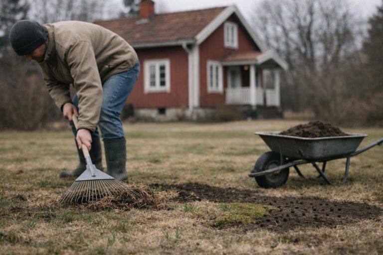 Person räfsar dött gräs på vårgrön gräsmatta framför ett rött hus.