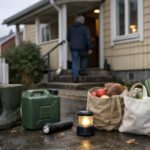 En medelålders person går in i en svensk villa; stövlar och ficklampa.
