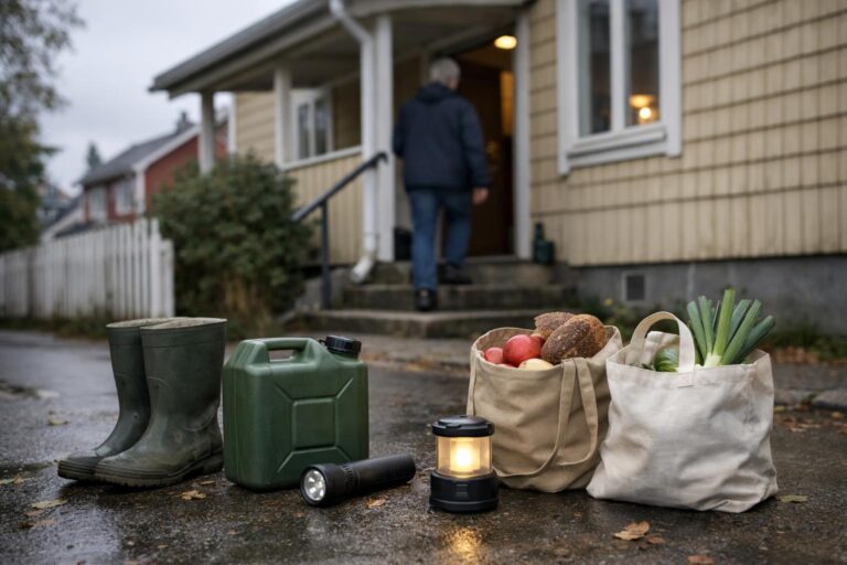 En medelålders person går in i en svensk villa; stövlar och ficklampa.
