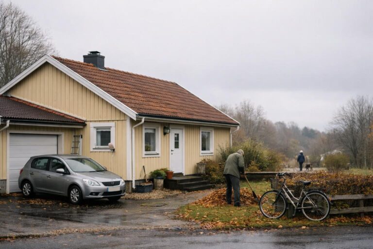 Vanlig svensk villa i höstljus med framsida och trädgård, en person rakar löv.