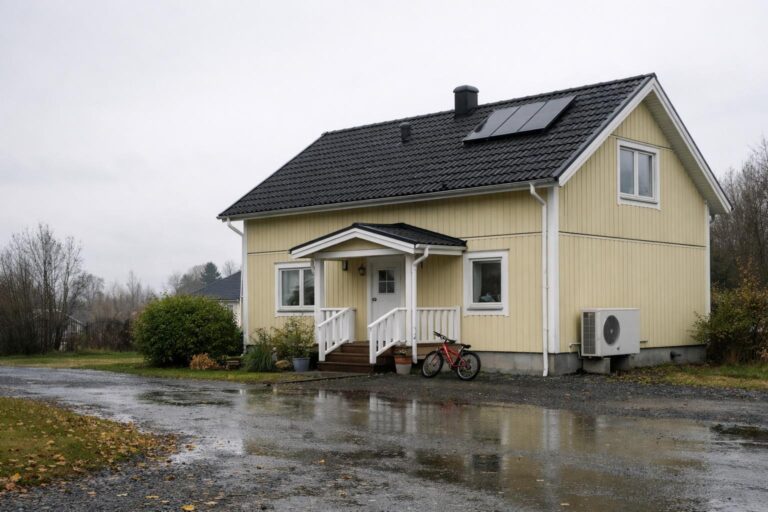 Typisk svensk villa i träpanel med solpaneler och värmepump bredvid huset