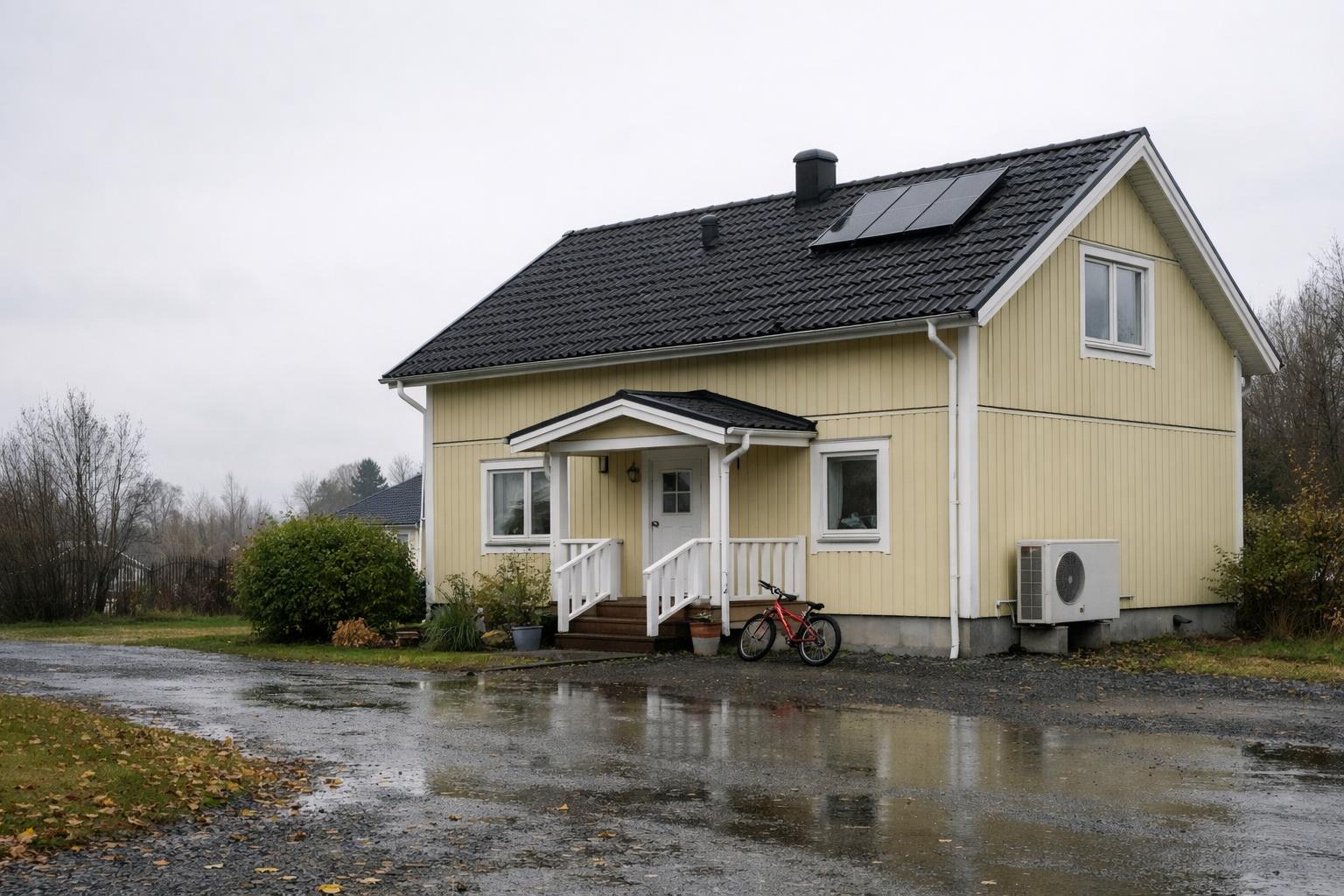 Typisk svensk villa i träpanel med solpaneler och värmepump bredvid huset