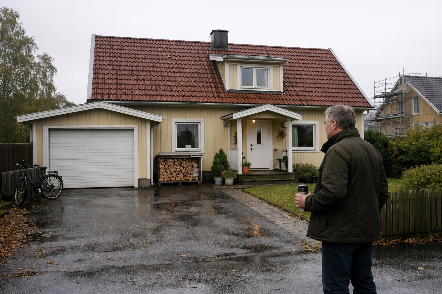 Framsida av en svensk villa i lugnt bostadsomrade husagare star vid ingangen