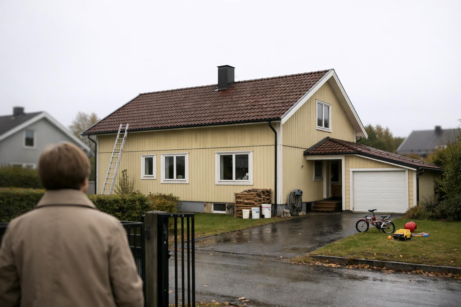 En svensk friliggande villa längs en lugn gata med en person vid grind.