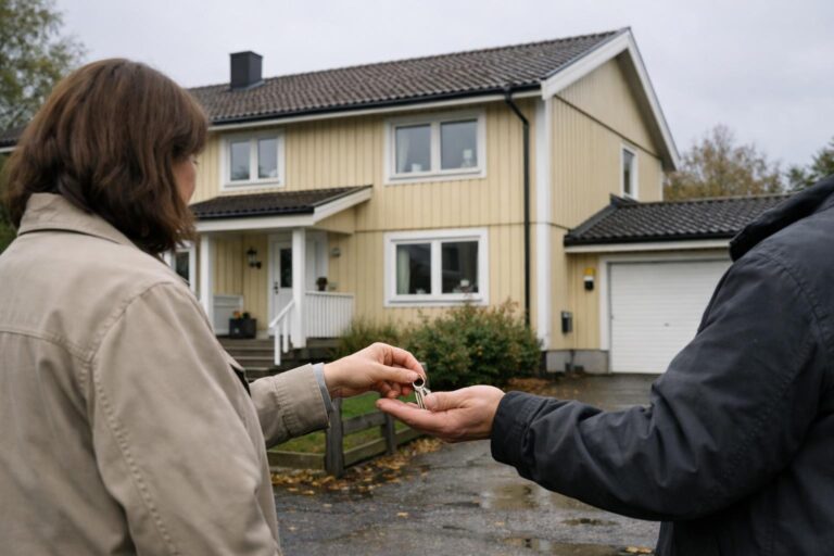 Två personer utanför en svensk villa utbyter nycklar i ett lugnt bostadsomrade