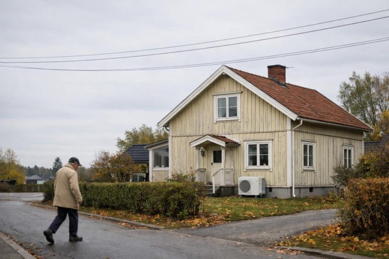 Friliggande svensk villa i lugn gata med höstlöv och en person som går förbi.