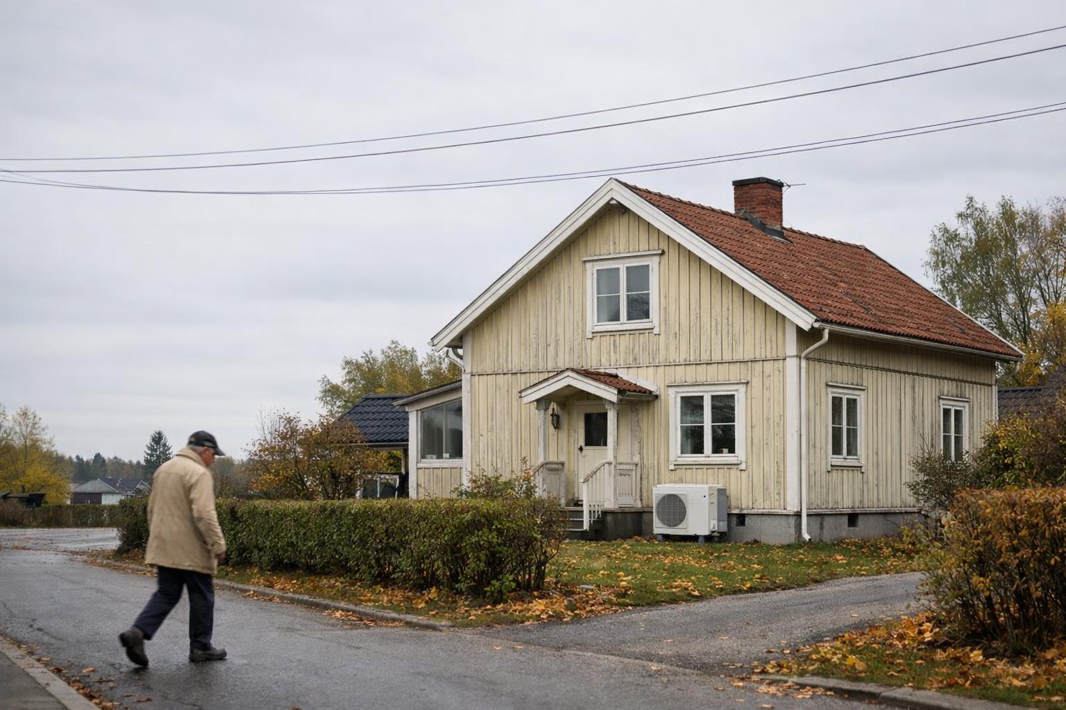 Friliggande svensk villa i lugn gata med höstlöv och en person som går förbi.