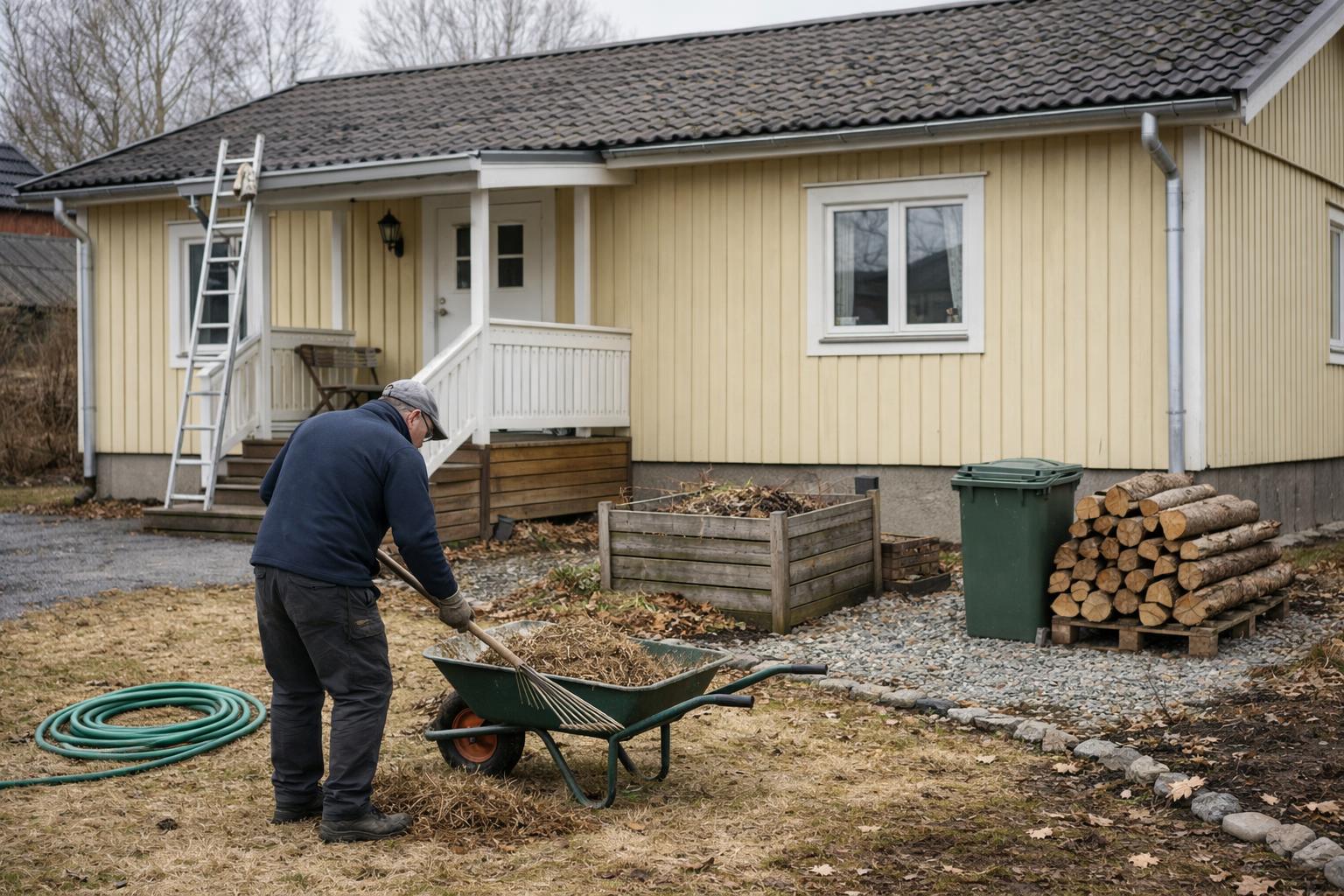 Svensk villa med trädgård där en person rakar torrt gräs till en kärra